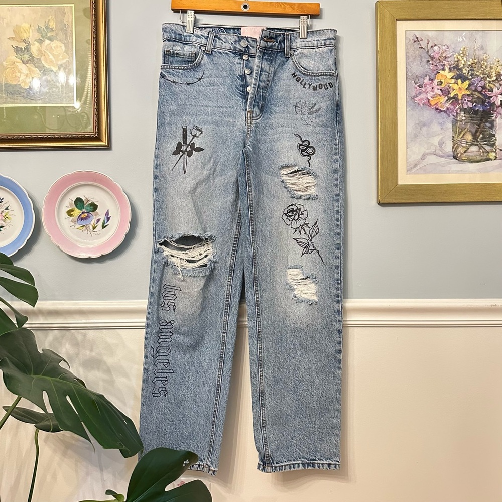 REVICE Womens Distressed Jeans Size 27 4 Tattoo Graphic Print Punk Grunge Skater